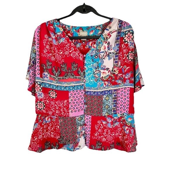 Chicos Patchwork Top Womens 2/Large Pink Red Peplum Flutter Sleeve Button Detail - Picture 2 of 13
